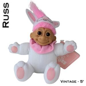 VTG Russ Luv Pet Easter Bunny Troll Doll w/ Tags 5" Girl Pink White Pajamas